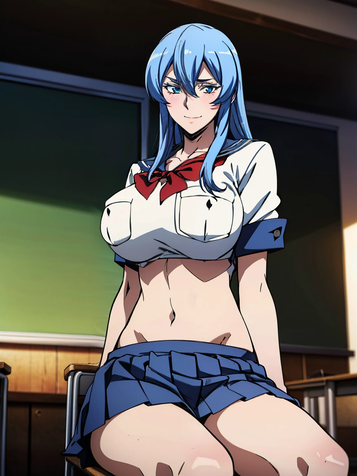 sitting at class chair, crowded room, (white serafuku), blue pleated skirt, (navel), red bowtie, (classroom background), esdeath, anime cels style, best quality, high resolution, 1girl, (huge breasts:1.2), mature women, blue hair, long hair, (blue eye), blue eyebrow, beautiful face, (cowboy shot), looking at viewer, smiling, blushed