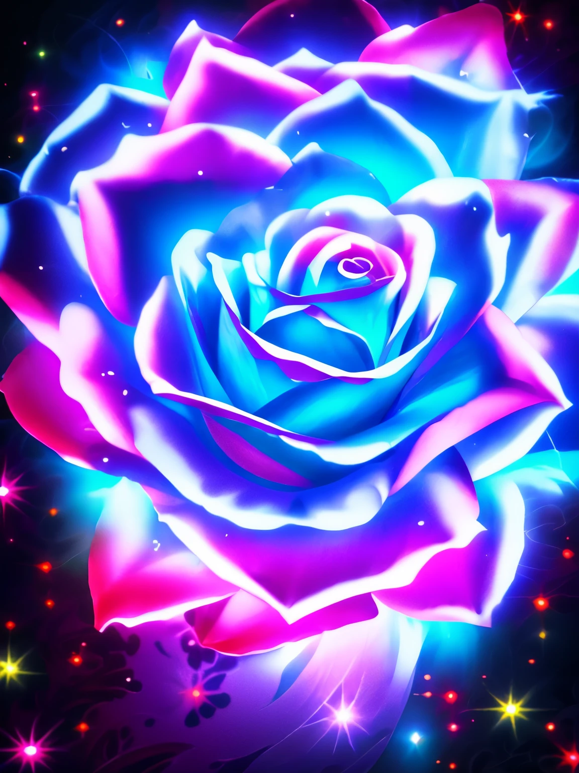 a purple rose with a butterfly on it surrounded by flowers, an airbrush painting by Lisa Frank, flickr, psychedelic art, glowing neon flowers, glowing delicate flower, beautiful!!! digital art, glowing flowers, magical flowers, glowing blue, neon flowers, neon light and fantasy, blue rose, luminous flowers, beautiful gorgeous digital art, beautiful flowers and crystals