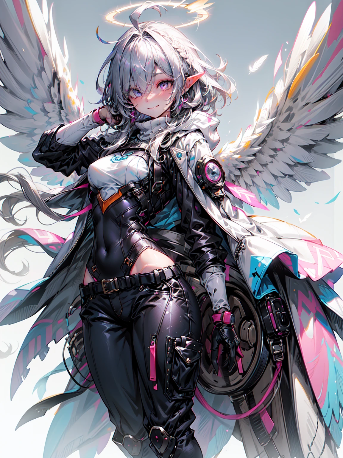 Owl ears, wing, feather, nail, mechanic, mechanical body,, ultra become familiar with, masterpiece, highest quality, beautiful, become familiar with,, alone, smile, 1 girl, aqua eye, black hair, low ponytail, Ahoge, 異常にlong hair, とてもlong hair, Hair flap, hair between eyes, bangs, messy hair, small breasts, goggles on head, closed mouth,, hooded coat, open coat, turtleneck, pants, Black knee boots, multiple straps, white coat, Layering, hair ribbon, pants under skirt, break、（dark elf), (1 girl), alone, perfect face, get used to it, Ahoge, ((long hair:1.2)), (hair above one eye:1.3), [[messy hair]], shiny blonde white hair, purple eyes, multicolored eyes, colorful hair, shining eyes, (eyelash, eye shadow, pink eye shadow), bright, smile, design art by Mikimoto Haruhiko, by Kawashi, By Yoshitaka Amano