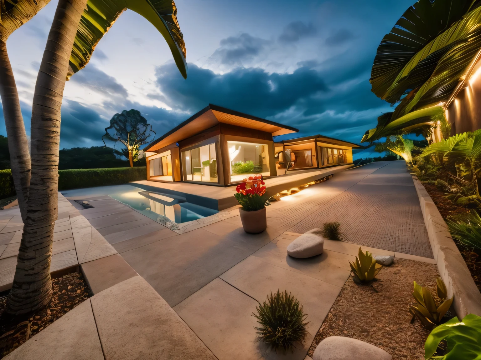 award-winning,tropical landscape,tropical style house,gravel courtyard,professional photography,highres,ultra-detailed,vivid colors,sharp focus,portraits,bokeh,stunning lighting