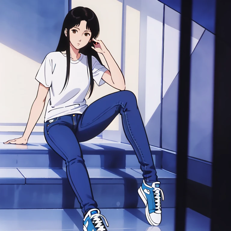 masterpiece,high quality,ultra high resolution,alone,
looking at the viewer,
HitomiKisugi,1 girl,
long hair,black hair,eyelash,brown eyes,
shirt,
jeans,
sneakers,