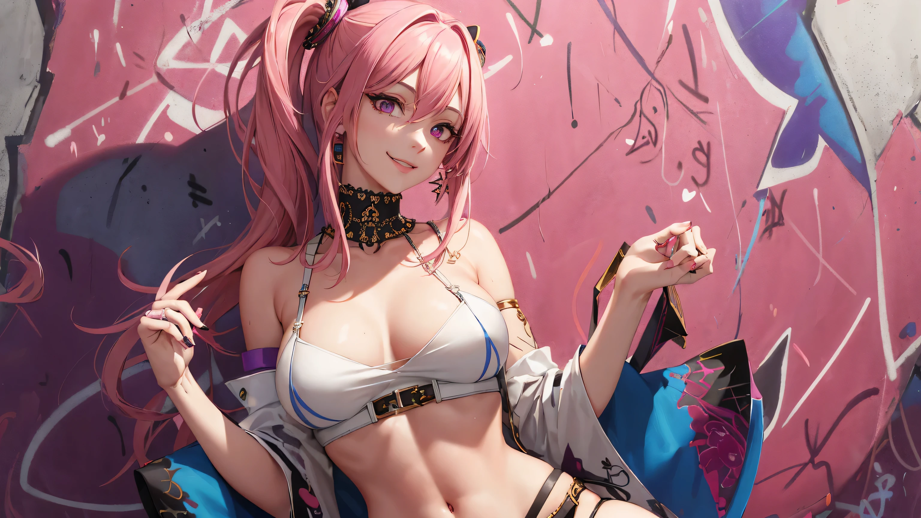 (masterpiece, best quality, 1girl, solo, intricate details, chromatic aberration), realistic, ((medium breath)),long hair, pink hair, red head ornament, pink highlights, hair over one eye,purple eyes, earrings, sharp eyes, choker, neon shirt, She wears a collar, bangles, and a kimono-style garter belt., crop top, (symmetry eyes),(perfect symmetrical body),against wall, brick wall, (colorful graffiti words on wall:1.2), dim lighting, alley ,look at viewer、dig breasts、smile、(No sleeve、Navel exposed、fitted turtleneck)、hot pants string street、thin butt、Please generate above the eaves.、thin shoulders、In underwear、