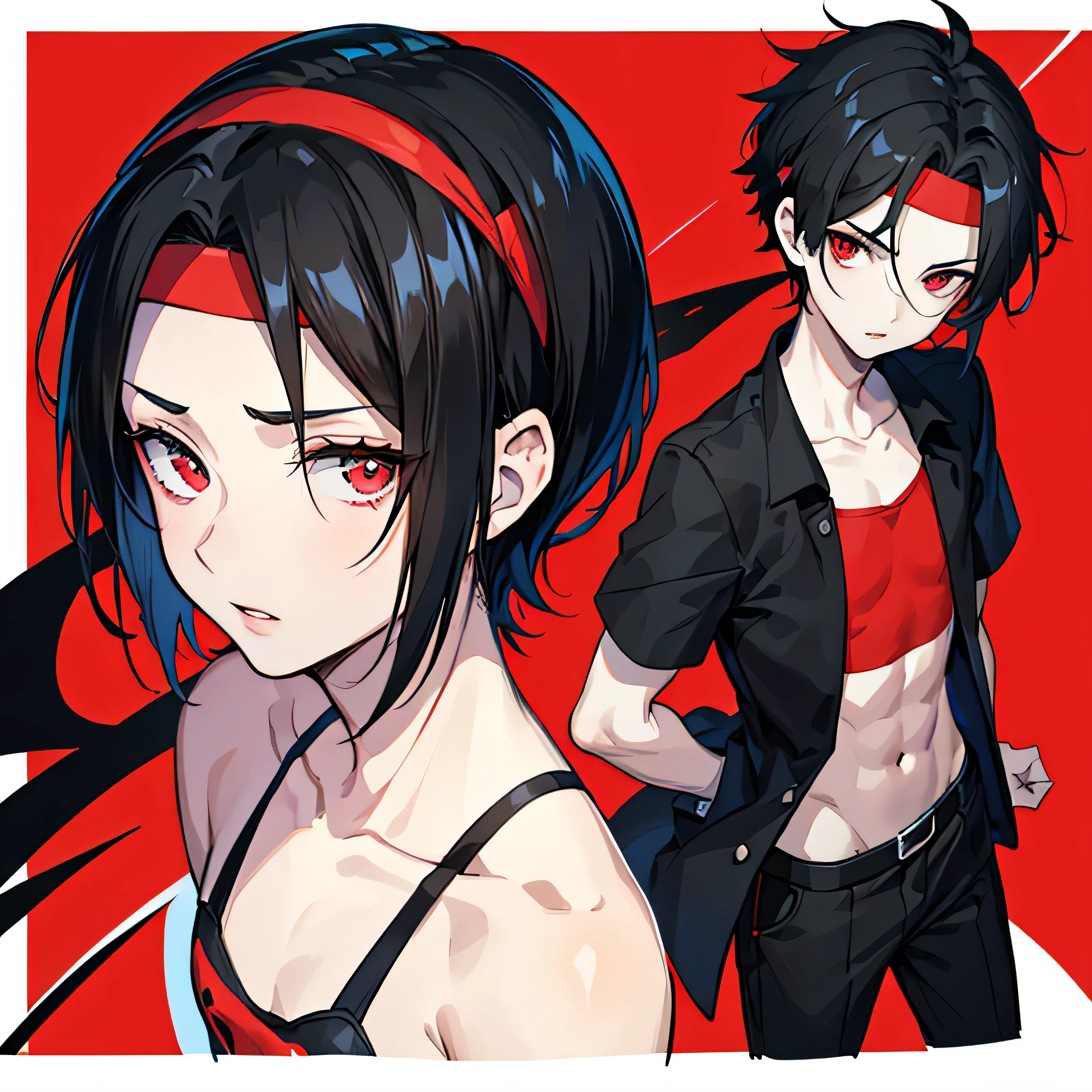 cartoon,boy,black hair,red pupils,Beautiful face,Slender and thin lips,Show forehead,With a headband,Short hair,male face