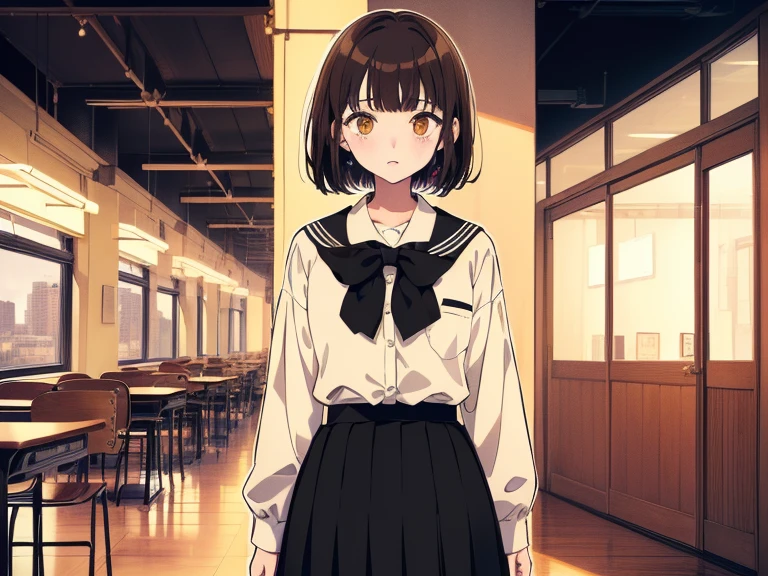 ((((surprised face)))),(((Long shot, taken from the front, 1 girl, white , black skirt, short bob, brown hair, golden eyes, 14 years old, short height, city girl))), ((On the way home from school)), ((Uniform)), (Masterpiece), (High resolution), (Top quality), (Super delicate), ((Line drawing manga style)), Wallpaper, Manga style illustration, Painting style, heartwarming synopsis, ((youth)), (((student))), (unique atmosphere), unique world view, unique atmosphere, school life, youth town, (masterpiece), (high resolution), (highest quality), (super delicate), line drawing manga style, comic style illustration, how to draw, warm outline color, (clear), (obvious)