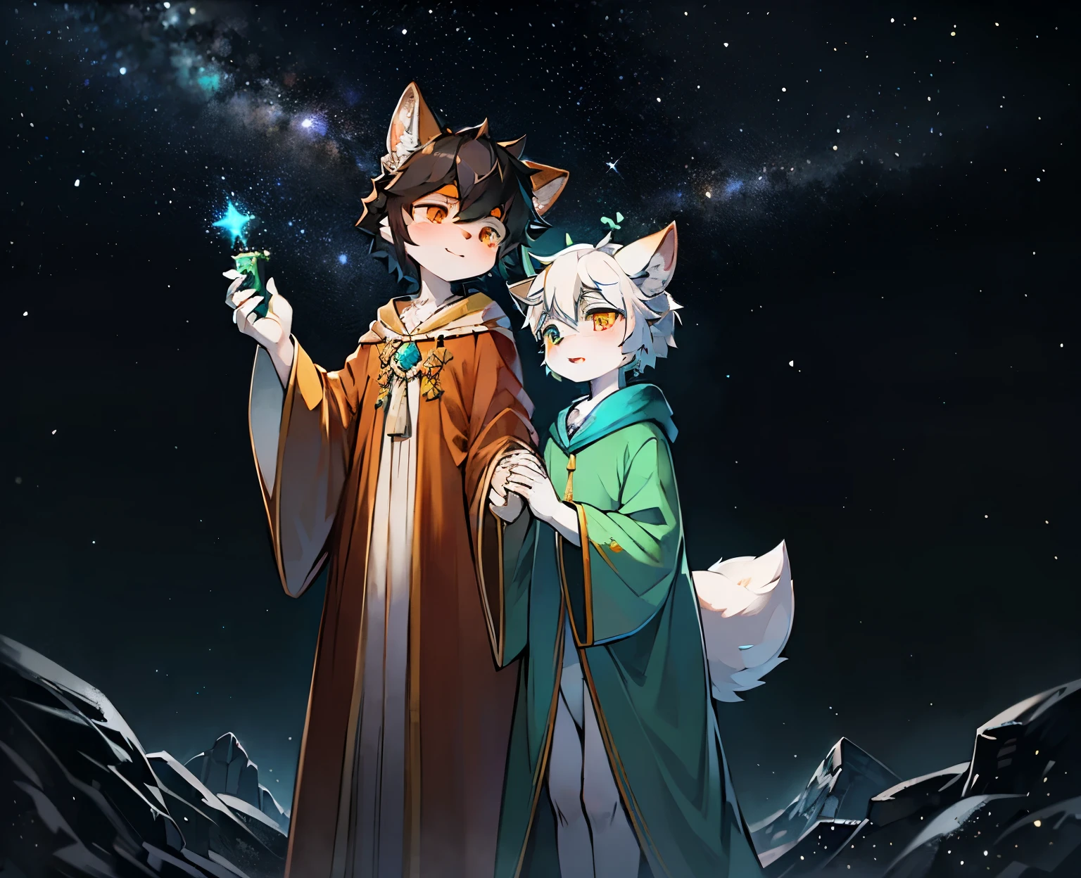 A white deer with green pupils and white hair,A wolf with black hair and orange eyes,Brilliant Milky Way,Green pupils,Star,flowing robe,Fluttering robes,holding a hand,Lovely shota,hangs in the air,Double,Turquoise robe,orange robe,Knighthood,clear face,Correct facial proportions