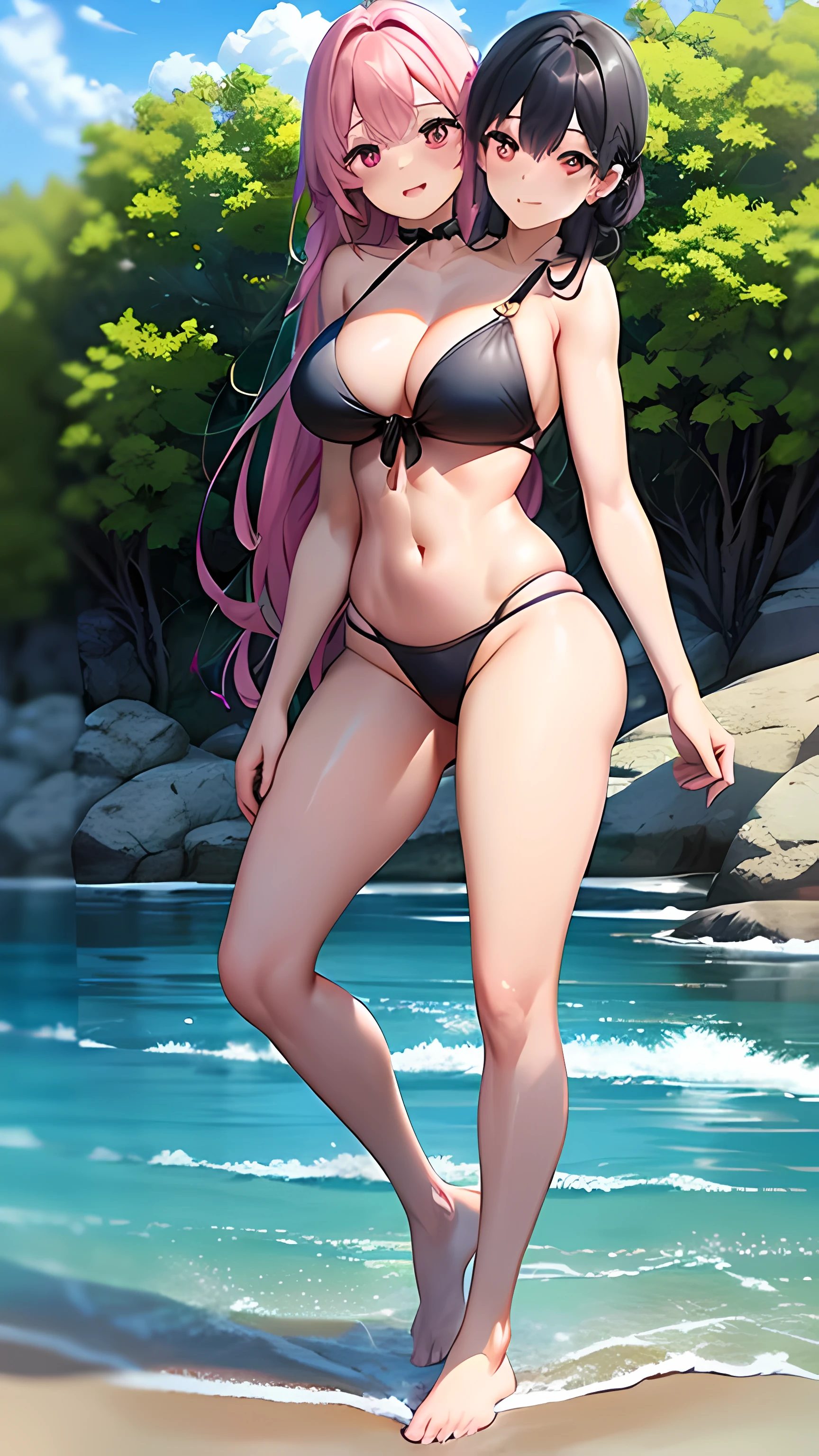 2heads, male female couple, black hair, pink hair, braid, 1girl, pink haired girl, long hair, black haired boy, (masterpiece), (high quality), (best resolution), absurdres, :D, detailed faces, beach, bikini, wide hips, thick thighs, (flatchested), barefoot, standing, full body, small breasts, medium breasts