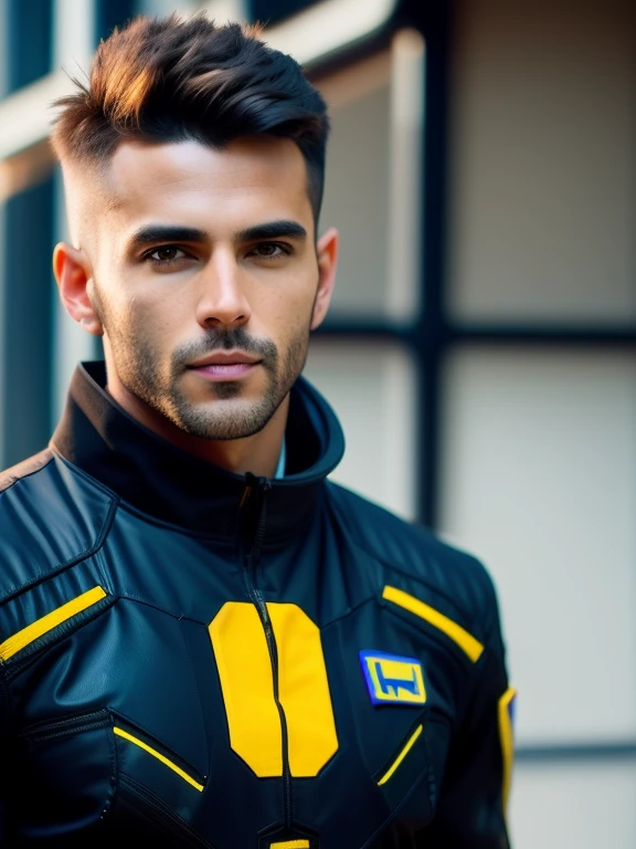 porra_Science fiction, foto premiada de um homem, black flight suit with yellow details, Cabelo castanho, (olhos cinzentos:1.35), queixo quadrado, asymmetrical face, Standing in front of a window on a spaceship, 80mm, Bokeh, Efeito em massa, fechar-se, porra_cinema_v2
