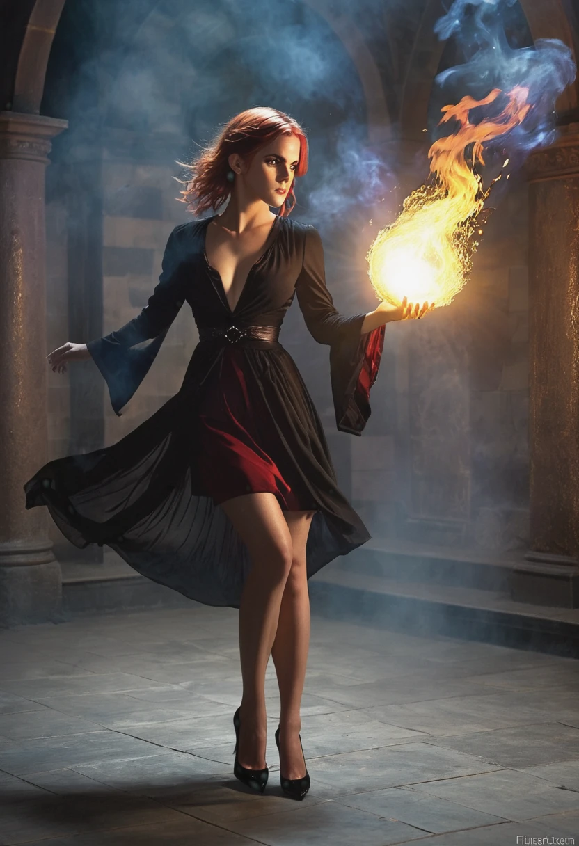 Young busty witch Emma Watson, appealing desirable, big tits, almost naked , stockings, 18 years old, seductively while looking at viewer, ragged see-through short dress,  flashing tits, very big cleavage, angry looking, Darkness, delicate flame, black eyes, heels, dim colours, red Black, Shadow, fading glow, flaming shadows, slim, tall long legs, long waist, unkempt long white hair, heels, dull light, fuzzy light, dim light, dimness, gloom, murk, dark fantasy theme, ferocity, spell, spelling, incantation, spellworking, allure, bewitchment, hex, witchery, magic, sorcery, wizardry, witchcraft, enchantment, fascination, charm, sword swing, magical haze, Fire Witch, red hair, glowing eyes, red dress, fire haze, heat, pretty, high dinamic range, iluminated only by firewall, dark, attacking throwing magic spells, action pose, powerful aura, sultry, magical place, whisps of magic, flowing robe, rising triumphantly from the flames cast fire spell, magic fire, shooting fire from her hand, emerging from magical fire circle, holding ball of fire, night,