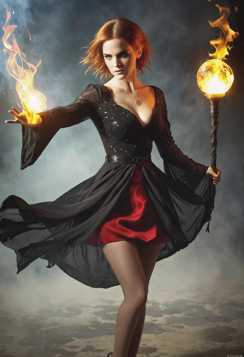 Young busty witch Emma Watson, appealing desirable, big tits, almost naked , stockings, 18 years old, seductively while looking at viewer, ragged see-through short dress,  flashing tits, very big cleavage, angry looking, Darkness, delicate flame, black eyes, heels, dim colours, red Black, Shadow, fading glow, flaming shadows, slim, tall long legs, long waist, unkempt long white hair, heels, dull light, fuzzy light, dim light, dimness, gloom, murk, dark fantasy theme, ferocity, spell, spelling, incantation, spellworking, allure, bewitchment, hex, witchery, magic, sorcery, wizardry, witchcraft, enchantment, fascination, charm, sword swing, magical haze, Fire Witch, red hair, glowing eyes, red dress, fire haze, heat, pretty, high dinamic range, iluminated only by firewall, dark, attacking throwing magic spells, action pose, powerful aura, sultry, magical place, whisps of magic, flowing robe, rising triumphantly from the flames cast fire spell, magic fire, shooting fire from her hand, emerging from magical fire circle, holding ball of fire, night,