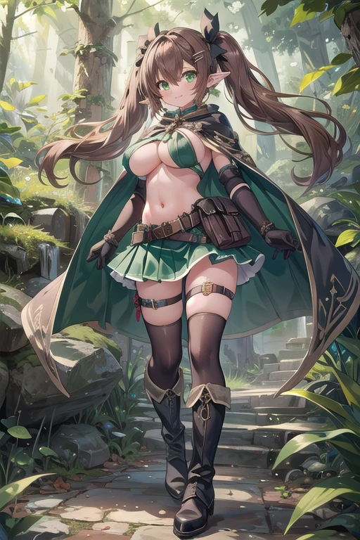 1girl, solo, pointy-ears, ((brown-hair)), green-eyes, gloves, boots, twintails, skirt, elbow-gloves, hair-ornament, navel, looking-at-viewer, cape, smile, elf, ribbon, hair-ribbon, knee-boots, belt, hairclip, ((green-skirt)), black-gloves, forest, midriff, thigh-strap, hair-between-eyes, standing, black-footwear, pouch, long-hair, nature, red-ribbon, ((big boobs) 1:1)