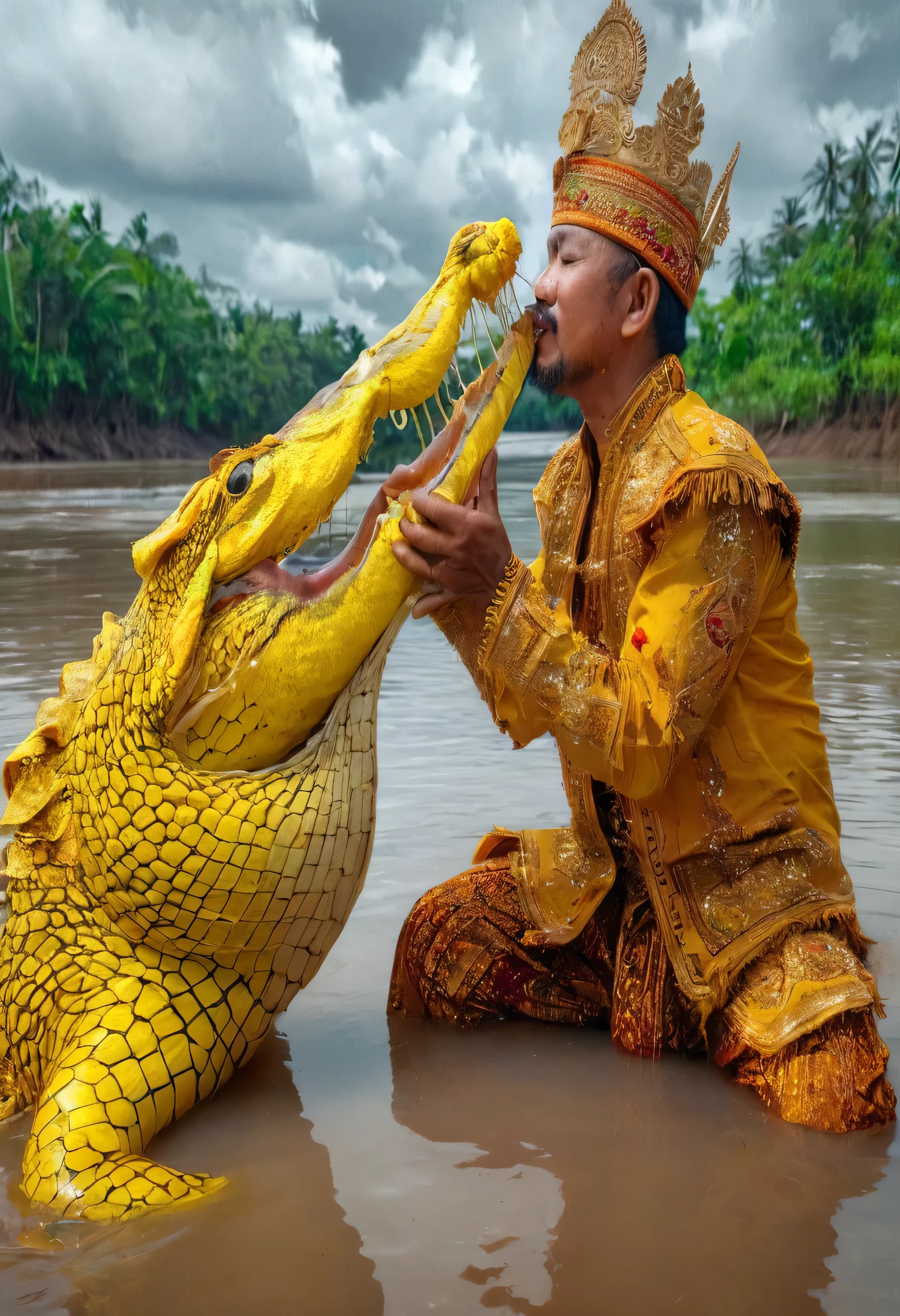 Seekor buaya warna kuning seluruhnya berada di tepi sungai, air sungainya agak keruh, ada seorang pria wajah asli indonesia lokal berpakaian seperti panglima keraan kalimantan selatan sedang mencium buaya kuning itu. Sangat realistis, sangat details, ultra HD, FULL HDR