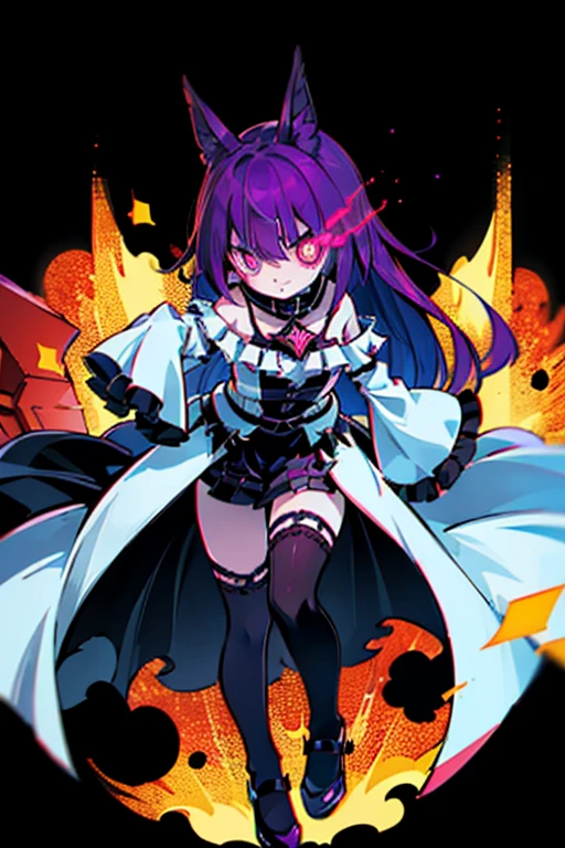 best quality, perfect face, anime, warm and soft lighting, ((1girl)), ((cute)), ((petite)), ((teen)), teenager, anime girl, ((pale skin)), 1girl, long hair, ((purple hair)), ((red highlights)), red hair ribbon, big eyes, solid eyes, pink eyes, (white pupils), ((slit pupils)), (black elaborate gothic collar), (off-shoulder frilly long dress), frilly sleeves, (detached sleeves), ((sleeves past hands)), (black thigh-highs), red mary janes, best quality, high quality, detailed face, serious, expressionless, flying, night, full body, looking at viewer, (glowing eyes), (glowing eye), (eye trail), ((sleeves past fingers)), ((flaming eye))