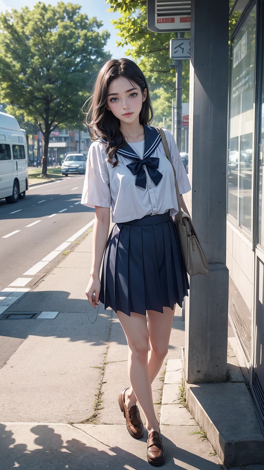 ((最high quality, 8K, masterpiece: 1.3, Ultra HD, high quality, 最high quality, High resolution, realism)) 、An extremely beautiful 18-year-old Japanese woman、hair color is black、black eye、medium hair、straight hair、smile、Slender but well-proportioned muscular body、Athlete-like body type、I don't want my head to disappear from the screen.、Walk on a high seawall at the beach、I put my hand on my forehead and look at the sea、The blue sky is beautiful、There is an entrance cloud、It's summer、sailor suit((summer clothes))wear、Wear a navy blue pleated skirt、wear loafers、There is a road in front of the breakwater、sit on a bench at a bus stop