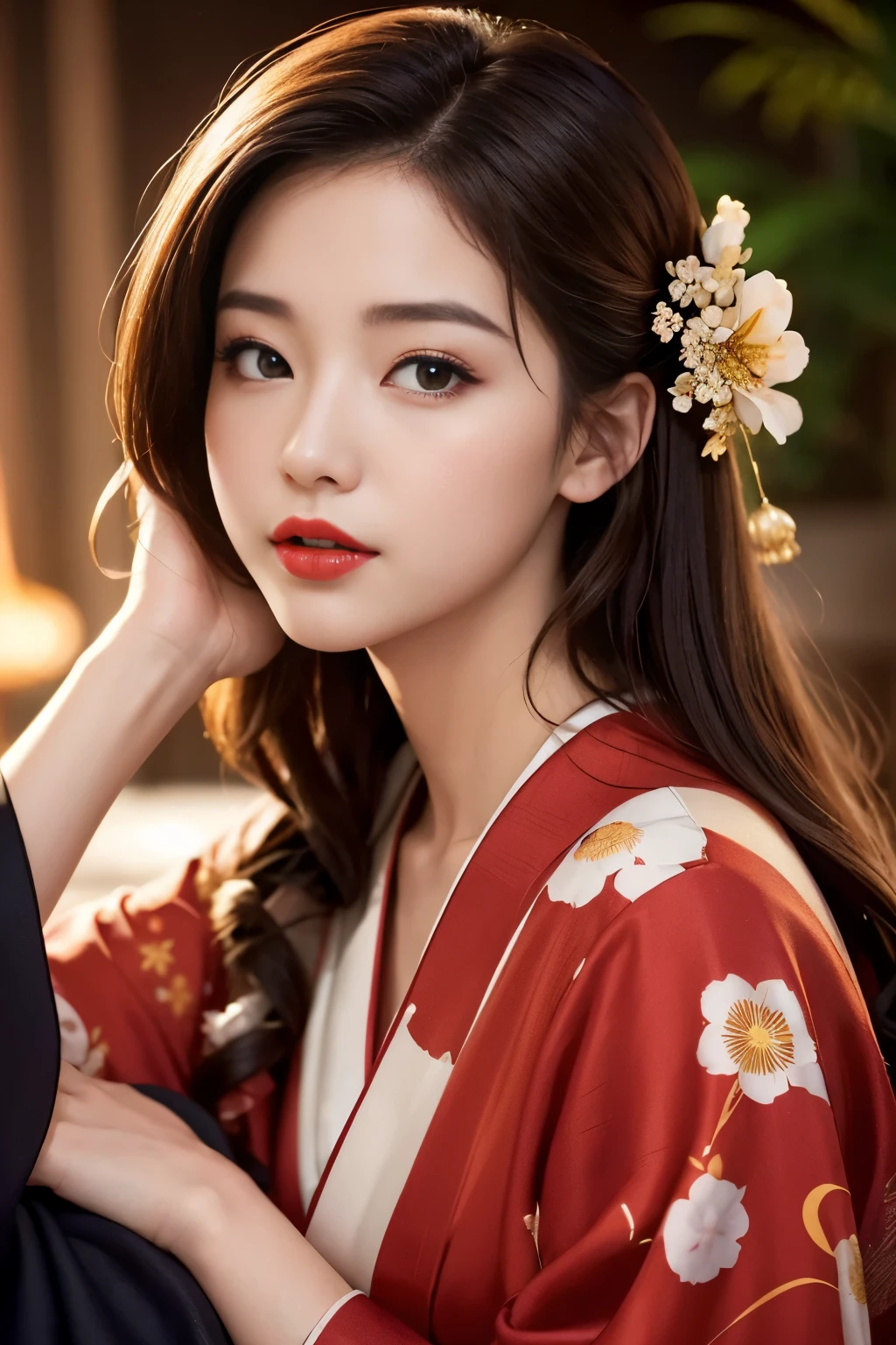 1 female、(super beautiful)、(beautiful face:1.5)、(detailed face)、Early 30s、(kimono)、wearing heavy makeup、(red lips)、brown hair、(Just after sunset:1.2)、(Backlight)、A scent that cannot be hidden、Imperceptibly, it's ingrained in you、If someone takes you, I want to kill you、sleep in a hideout、Winding slope、The year falls、rise rapidly、shake off、Passing through the dazzling flames. Amagi: I want to climb with you、At SFW