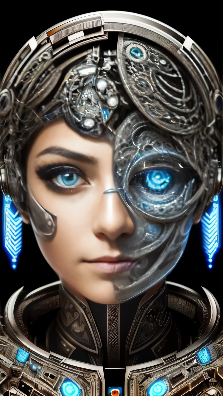 A headshot of a cyborg with intricately designed eyes, reminiscent of the complex patterns found in the universe (cyborg: 1.1), (detailed eye mechanics: 1.3), (striking resemblance to cosmic landscapes: 1.2), HDR, (intricate patterns, hyperdetailed: 1.1), cinematic capture, vignette, centered on the cyborg's face.