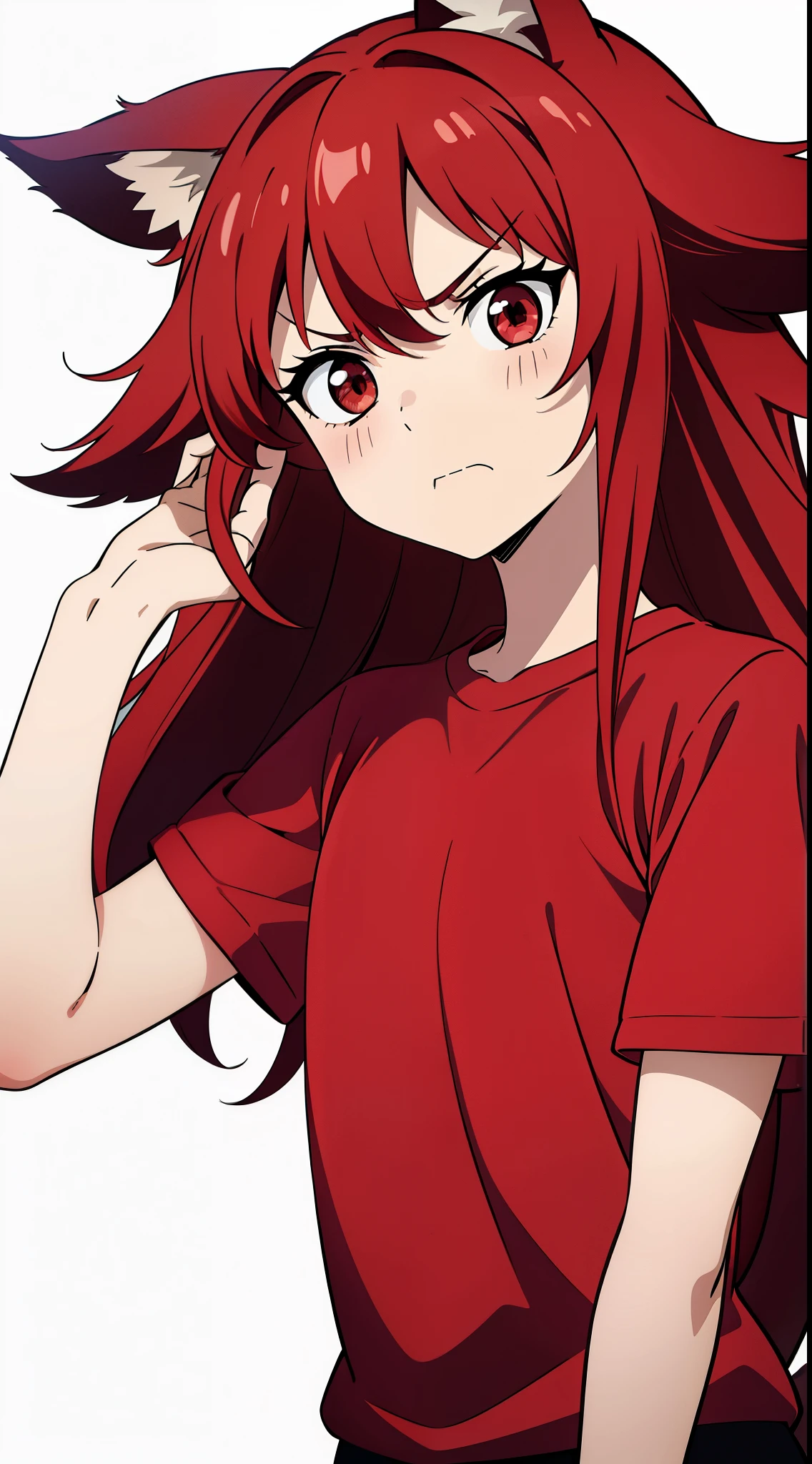 (1girl ,8 years old,small),angry face,red shirt,short sleeves,red hair,long hair,messy hair,fox ears,upper body,(White background),