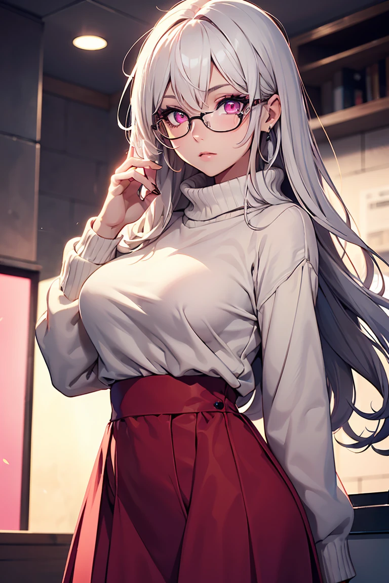  ((1 girl)), shortage々beautiful woman,Rough poses, I feel sleepy, Glasses, droopy eyes, latest modern fashion, beige sweater,long skirt, fluffy, warm, big clothes, big breasts, cowboy shot,((Super detailed,highest quality, High resolution, lethargy, 8k wallpaper, beautiful clothes,)),((pure white hair)), long hair,messy hair, eye shadow, eyeliner,Glow eye, highly detailed eyes, beautiful eyes, (shining pink eyes),22 year old girl,five fingers, 