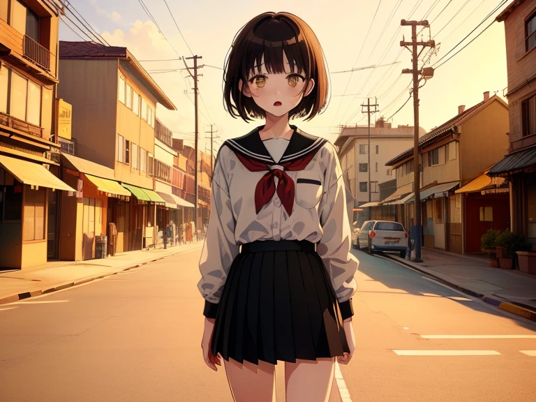 ((((surprised face)))),(((Long shot, taken from the front, 1 girl, white , black skirt, short bob, brown hair, golden eyes, 14 years old, short height, city girl))), ((On the way home from school)), ((Uniform)), (Masterpiece), (High resolution), (Top quality), (Super delicate), ((Line drawing manga style)), Wallpaper, Manga style illustration, Painting style, heartwarming synopsis, ((youth)), (((student))), (unique atmosphere), unique world view, unique atmosphere, school life, youth town, (masterpiece), (high resolution), (highest quality), (super delicate), line drawing manga style, comic style illustration, how to draw, warm outline color, (clear), (obvious)