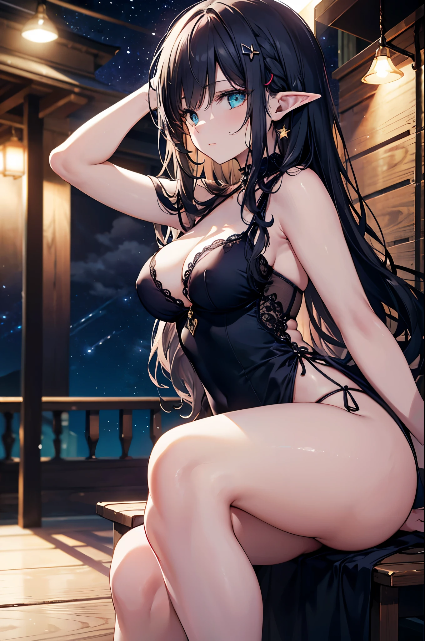 Realistic image, coherent image, detailed image, of 1 elf, in a nightgown. She has long black hair and a hairpin on her right side. Turquoise eyes with long eyelashes. Sensual expression. She has medium breasts, slim waist, wide hips, long legs and thick thighs. Her legs are raised. It is night with a starry sky. She is sitting in a hammock holding her hair in her hands. View from the front, view of breasts. Crouching down, arching her back, from the front, focus on , legs spread. Masterpiece of digital art, very detailed and coherent. complex, soft focus, dramatic shadows, ominous shadows, good lighting. ISO:100, F1.4, --quaility 2