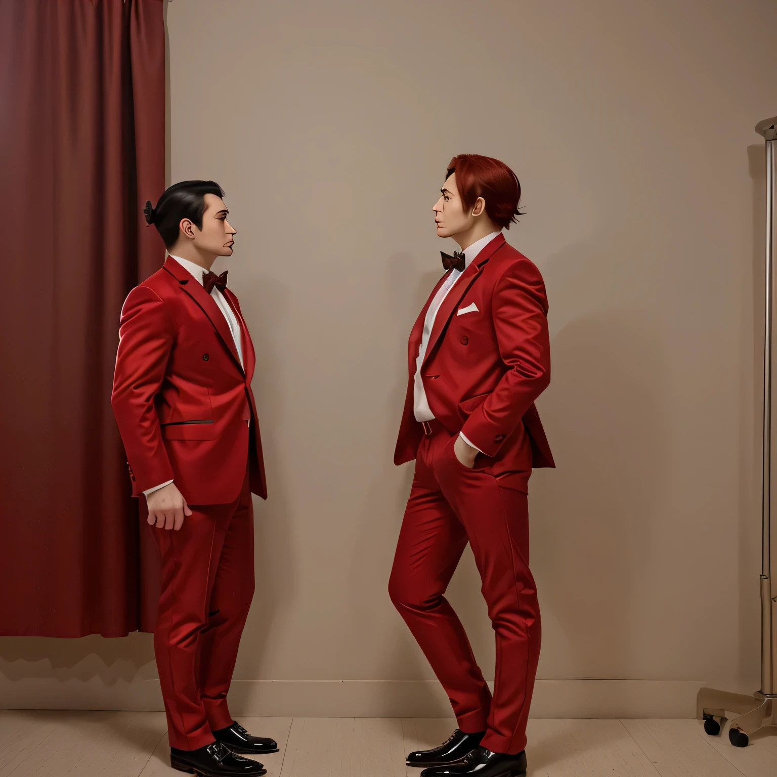 ape in red tuxedo facing left side profile full body in anime style