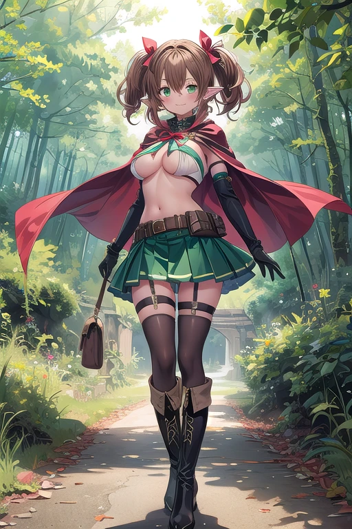 1girl, solo, pointy-ears, ((brown-hair)), green-eyes, gloves, boots, twintails, skirt, elbow-gloves, hair-ornament, navel, looking-at-viewer, cape, smile, elf, ribbon, hair-ribbon, knee-boots, belt, hairclip, ((green-skirt)), black-gloves, forest, midriff, thigh-strap, hair-between-eyes, standing, black-footwear, pouch, long-hair, nature, red-ribbon, ((big boobs) 1:1)