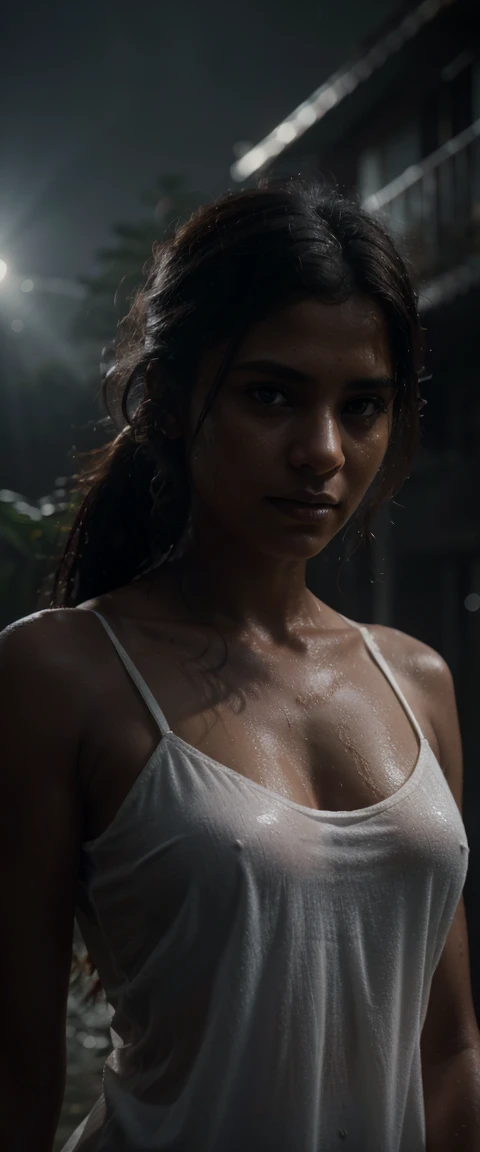 full body shot of ultra realistic dark and moody photograph of a 30 years old Indian woman in a wet white nightgown, brown hair ponytail, soaked skin, soaked dress, see through, clinging to body, hair wet, dark, moody, light from above, spooky creepy, just came in from rain. low light, horror film vibe, discordant visuals, Ultra realistic, symmetrical face , (35mm style:1. 1), foggy, ((best quality)), ((masterpiece)), ((realistic)), radiant light rays, higher, detailed facial features, analog style, digital painting, 3d render, matte, highly detailed, concept art, Exaggeration, light Aesthetic, magazine, Backlight, light rays magical lighting beams, dust in beam, dark color, misty, moody, heavenly, shadowy, Realism, octane render, unreal engine 5, Shaders, Denoise, De-Noise, Ambient Occlusion, Tone Mapping, Moonlight, higher, detailed facial features, high detail, sharp focus, octane render, realistic, post-processing, max detail, realistic shadows, roughness, natural skin texture, real life, ultra realistic, photorealism, volumetric fog