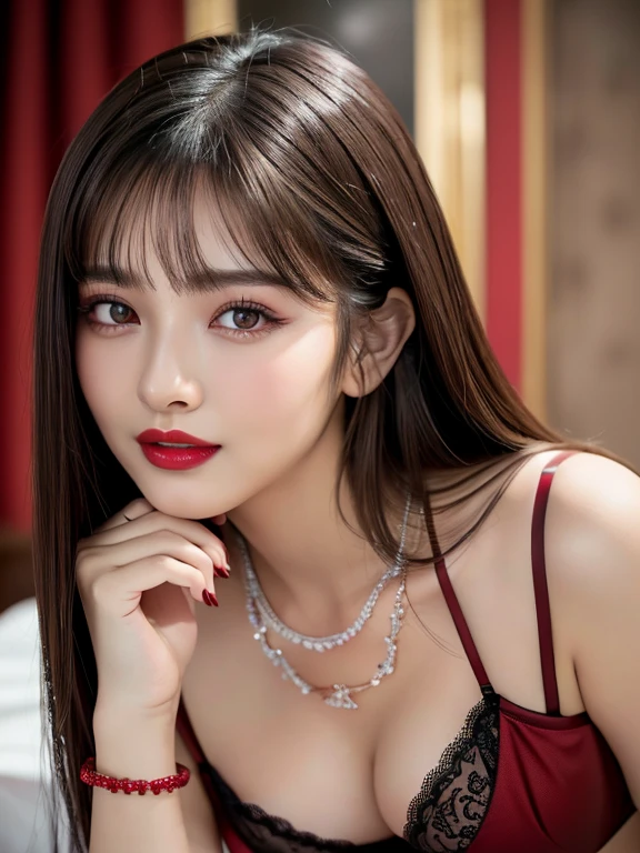 (highest quality、table top、8K、best image quality、Award-winning work)、(one young girl, 14 years old:1.3)、(red eyeshadow:1.2)、perfect makeup、long eyelashes、Super high-definition sparkling eyes、ultra high definition hair、ultra high resolution glossy lips、Super high resolution perfect teeth、Super high resolution cute face、brown hair、(very long straight hair:1.1)、look at me and smile、[clavicle]、accurate anatomy、(close up of face:1.5)、Luxury love hotel、(The most moody warm lighting:1.2)、blurred background、Super high-resolution glossy and moisturized face、Super high resolution glowing skin、most detailed face、Ultra high resolution detailed faces、ultra high resolution hair、Super high resolution sparkling eyes、Beautiful face drawn in every detail、Super high resolution glossy red lips、(((luxury lingerie 1.5)))、(((Gorgeous Necklace 1.5)))、(((Garter belt 1.2))、(((Full body photo 1.5)))、