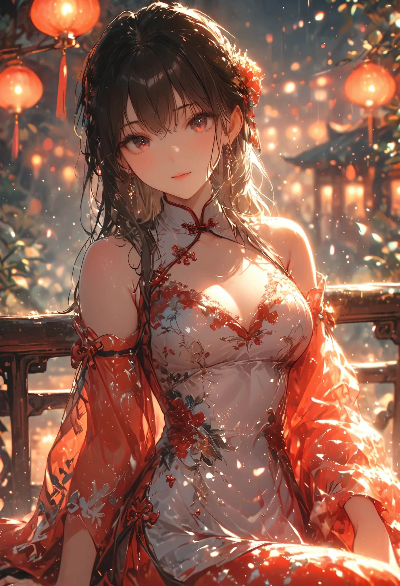 (best quality,4k,8k,highres,masterpiece:1.2),ultra-detailed,red light street,girl,beautiful detailed eyes,beautiful detailed lips,extremely detailed eyes and face, smiling coldly,long messy hair,white with pink flowers detail dress,sexy version of Chinese style dress,close shot,sexy pose,bench,light particles,romantic ambiance,attractive,provocative,alluring,powerful gaze,vintage vibe,warm color palette,soft focus,gentle lighting