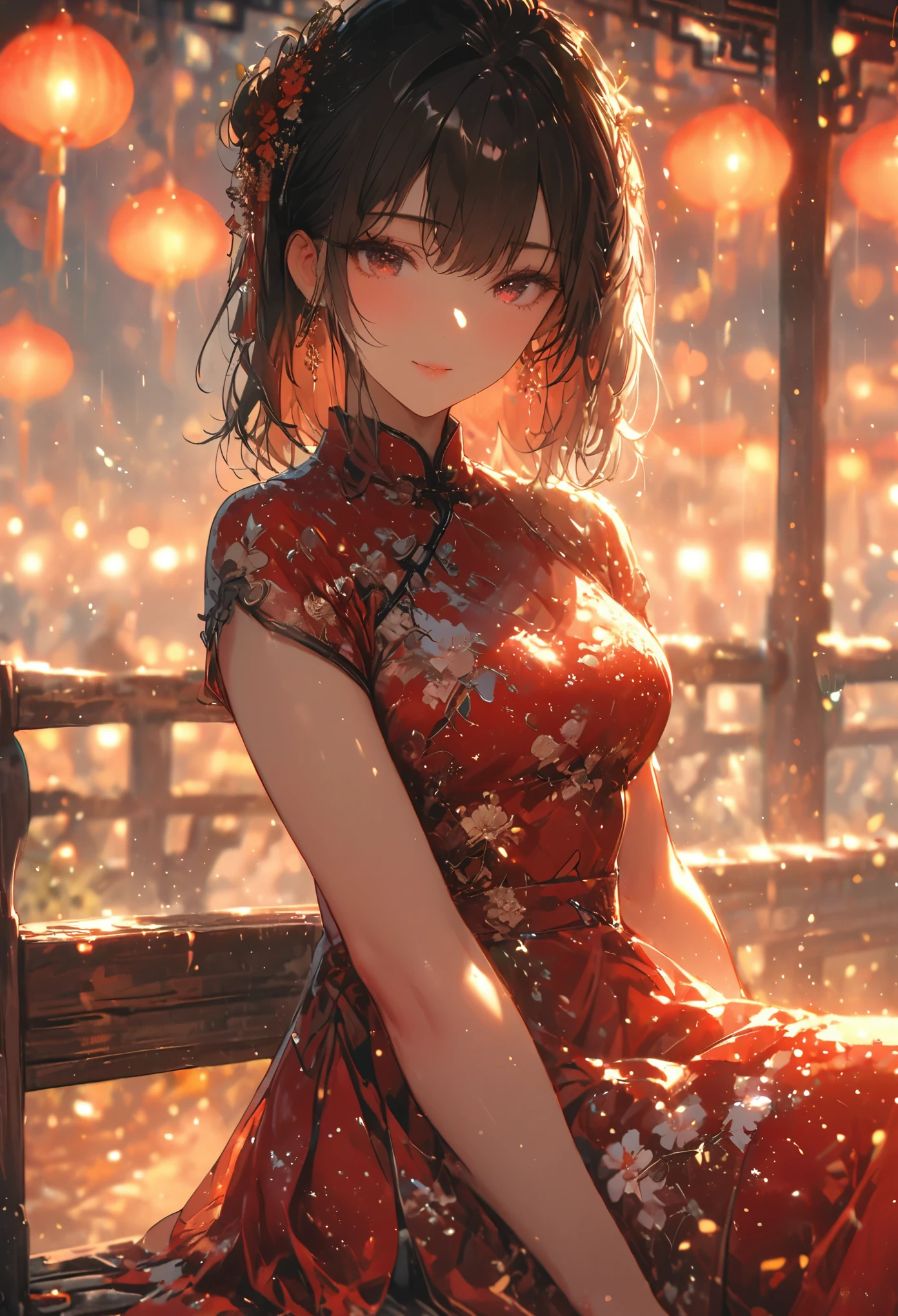 (best quality,4k,8k,highres,masterpiece:1.2),ultra-detailed,red light street,girl,beautiful detailed eyes,beautiful detailed lips,extremely detailed eyes and face, smiling coldly,long messy hair,white with pink flowers detail dress,Chinese style dress,close shot,sexy pose,bench,light particles,romantic ambiance,attractive,provocative,alluring,powerful gaze,vintage vibe,warm color palette,soft focus,gentle lighting