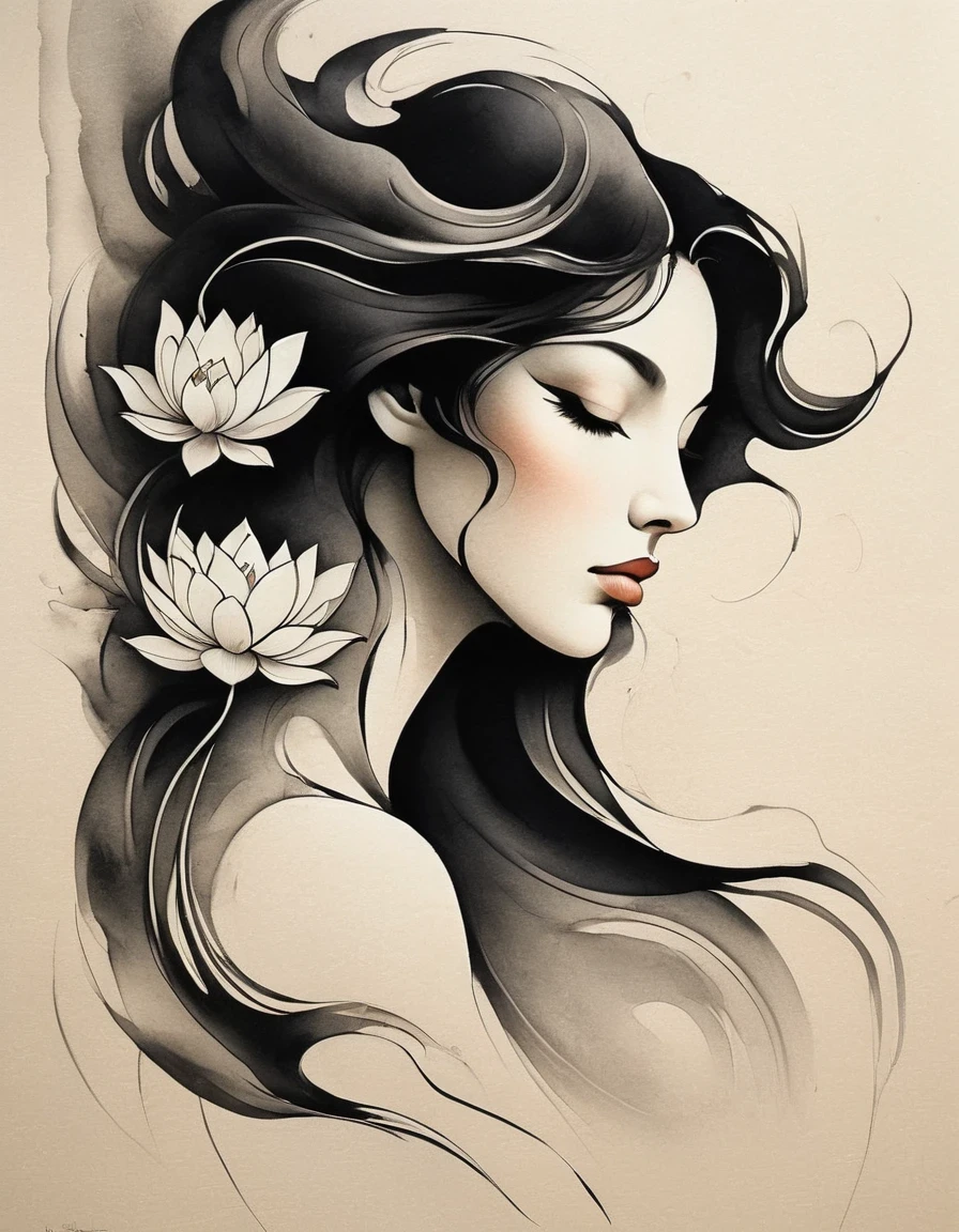 in style of Alexander Archipenko, character, ink art, side view ,modern minimalist art,(Close-up of a woman with lotus tattoo on her neck),This woman has a delicate and charming face,long black hair,(Clear lotus tattoo on neck:1.3),Flowing hair vignette,fair face,Foxy, slender, beautiful eyes, elegant digital art, Beautiful digital illustrations, beautiful figure painting,