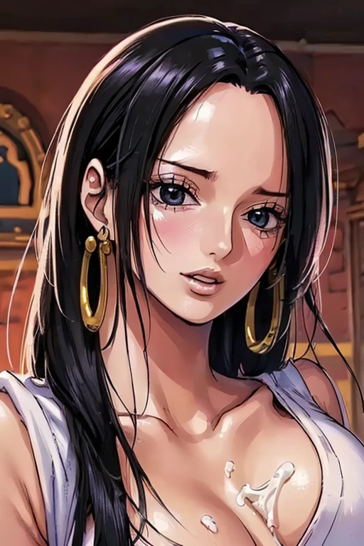 (((masterpiece))), (((best quality))), ((ultra-detailed)), (highly detailed CG illustration), Boa Hancock, (nsfw:1.4), (masterpiece:1.5), Detailed Photo, Sexy, (Best Quality: 1.4), (1girl), Beautiful Face, (Black Hair, long Hair: 1.3), Beautiful Hairstyle, beautiful detail eyes, (realistic skin), beautiful skin, absurd, attractive, ultra high resolution, high definition, (sexually aroused:1.5), Pinkish white skin, cool white light, sexy pose, Beautiful , white background, pink soft white light, Wear a white tank top, (bukkake:1.8), (lifeless:1.5),(dribbling:1.5), 