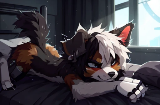 Cyberpunk Bedroom, ((by reysi)), Furry, ((Australian Shepard)), (solo), ((slender)), dark fur, white hair, ((teen)), ((male)), (robot legs, robot spine), (black mascara, ear ring, tight choker, short tail, shaking motion lines), nude, arms stretched out, (angry, furious, annoyed), (on bed, lying on stomach, butt raised, face pushed down against bed),  (close up on butt)