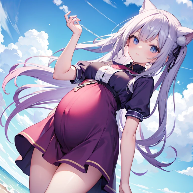 anime style,hairstyle forehead, girl,white hair,twintail hair,blue eyes,pregnant,happy smile,