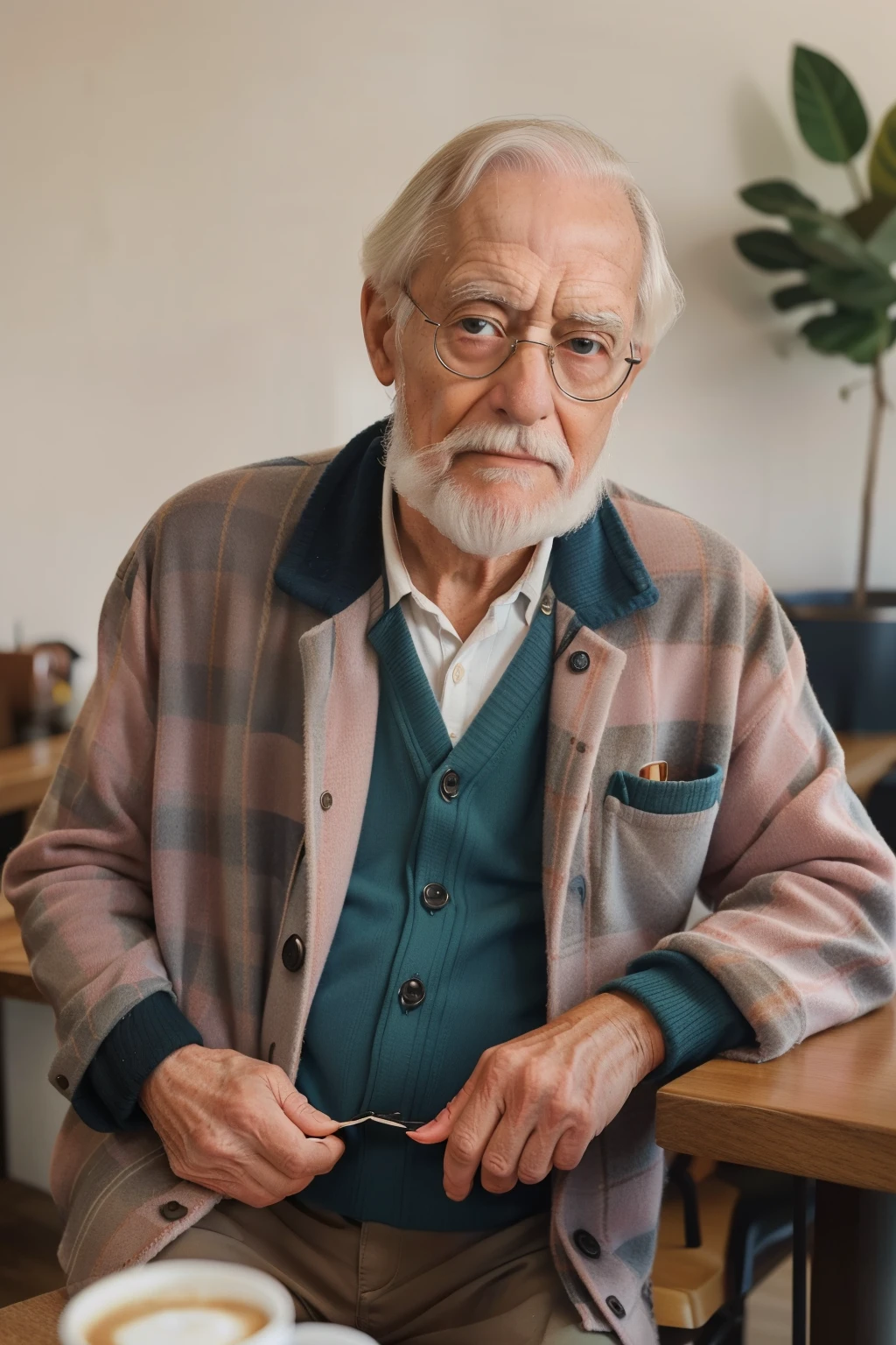 Sowell Bay, Washington, 2023. An old ((((65-year-old)) Ethan Mack)), scottish man, working in a coffee shop, ((blushing, ashamed expression)). ((((clothings from the 2020s)))), ((hairstyle of the 2020s))