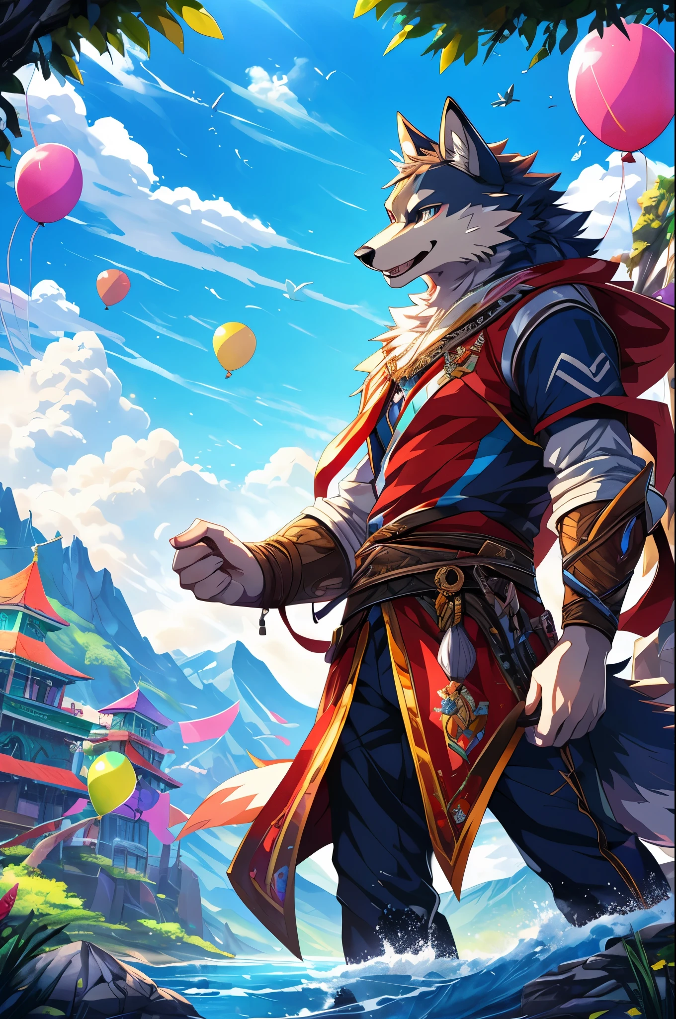 furry, male, anthro, (Wolf Tail), Solo, (Realistic eye details:1.2), (beautiful detailed eyes), anime character there is a Wolf man, Mountain View background, in the mountains, brightly colored balloons and balloons are flying in the air, overgrown with shiny blobs, vibrant fan art, detailed fanart, fan art, colorful concept art, [ conceptual art ]!!, colorfull digital fantasy art, epic full color illustration, game art!!, happy!!!, wallpaper!, a beautiful artwork illustration, badass composition, very detailed digital painting, colorful digital painting, full body like, slim body, good looking, anime style, 8k, 4k anime wallpaper, anime art wallpaper 8 k, 2 d art, 2d art, anime art wallpaper 4k, detail art, excited face, enjoying, festival balloons, best festival 
