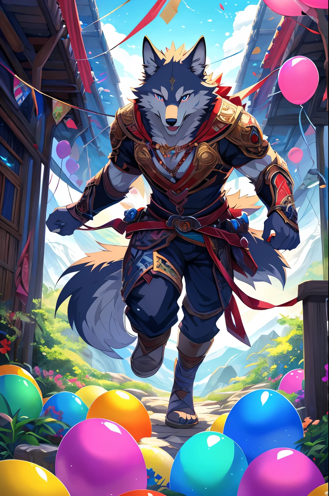 furry, male, anthro, (Wolf Tail), Solo, (Realistic eye details:1.2), (beautiful detailed eyes), anime character there is a Wolf man, Mountain View background, in the mountains, brightly colored balloons and balloons are flying in the air, overgrown with shiny blobs, vibrant fan art, detailed fanart, fan art, colorful concept art, [ conceptual art ]!!, colorfull digital fantasy art, epic full color illustration, game art!!, happy!!!, wallpaper!, a beautiful artwork illustration, badass composition, very detailed digital painting, colorful digital painting, full body like, slim body, good looking, anime style, 8k, 4k anime wallpaper, anime art wallpaper 8 k, 2 d art, 2d art, anime art wallpaper 4k, detail art, excited face, enjoying, festival balloons, best festival 