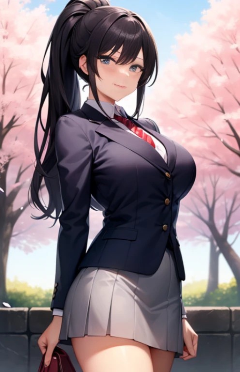 Girl posing for a photo wearing a short skirt and jacket, expensive, beautiful anime high school girl, ｛{{{{{gigantic breasts}}}}}}, high ponytail, dark blue hair, blue eyes, fearless smile, Cherry blossom trees, constricted waist, Handsome guy, blazer, , red tie, Confident, 