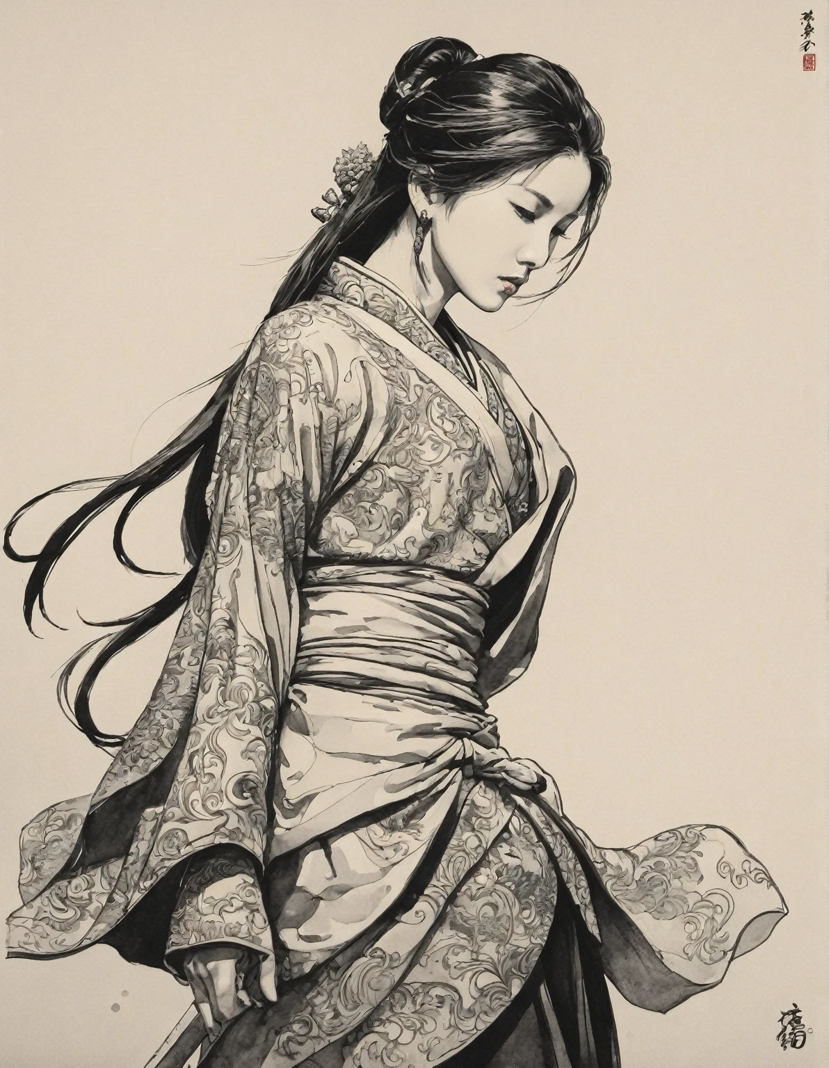 in style of Emmanuel Shiu, character, ink art, side view