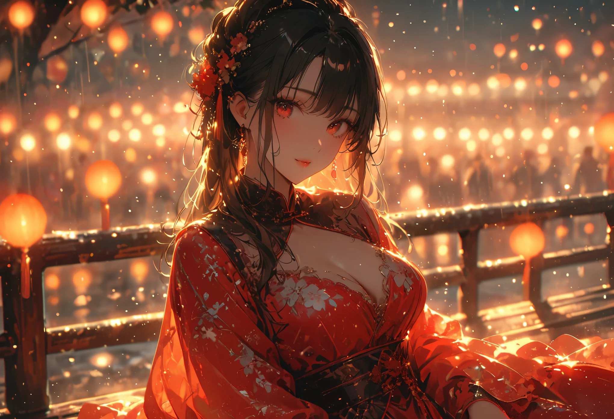 (best quality,4k,8k,highres,masterpiece:1.2),ultra-detailed,red light street,girl,beautiful detailed eyes,beautiful detailed lips,extremely detailed eyes and face,long messy hair,white with pink flowers detail dress,Chinese style dress,close shot,sexy pose,bench,light particles,romantic ambiance,attractive,provocative,alluring,powerful gaze,vintage vibe,warm color palette,soft focus,gentle lighting