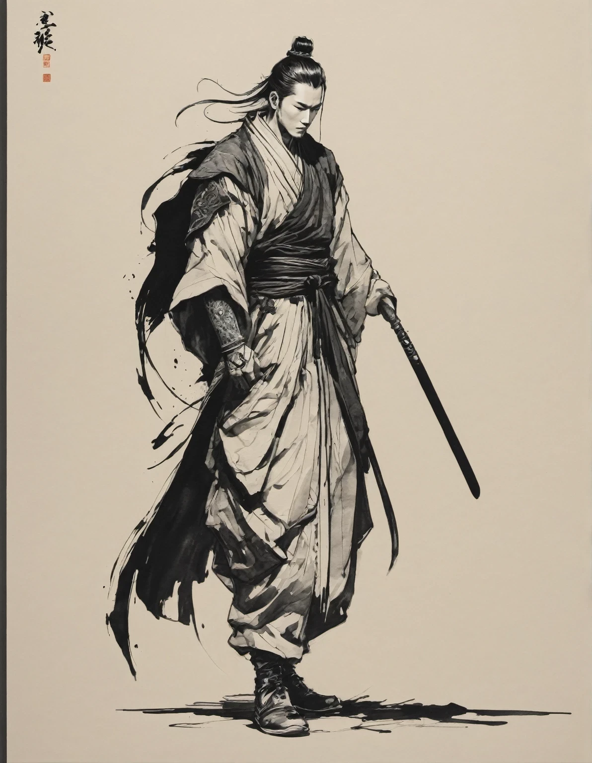 in style of Emmanuel Shiu, character, ink art, side view