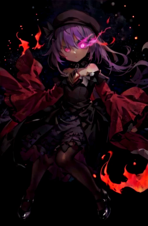 best quality, perfect face, anime, warm and soft lighting, ((1girl)), ((cute)), ((petite)), ((teen)), teenager, anime girl, ((pale skin)), 1girl, long hair, ((purple hair)), ((red highlights)), red hair ribbon, big eyes, solid eyes, pink eyes, (white pupils), ((slit pupils)), (black elaborate gothic collar), (off-shoulder frilly long dress), frilly sleeves, (detached sleeves), ((sleeves past hands)), (black thigh-highs), red mary janes, best quality, high quality, detailed face, serious, expressionless, flying, night, full body, looking at viewer, (glowing eyes), (glowing eye), (eye trail), ((sleeves past fingers)), ((flaming eye))