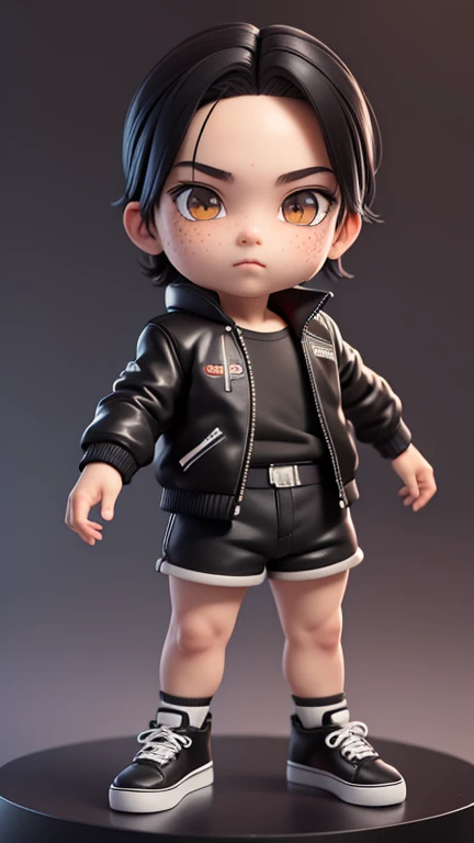 masterpiece, best quality, 8k, cinematic light, ultra high res, chibi, 1boy, shorts, black hair, black jacket, shoes, brown eyeull body:1.2), freckles, standing,