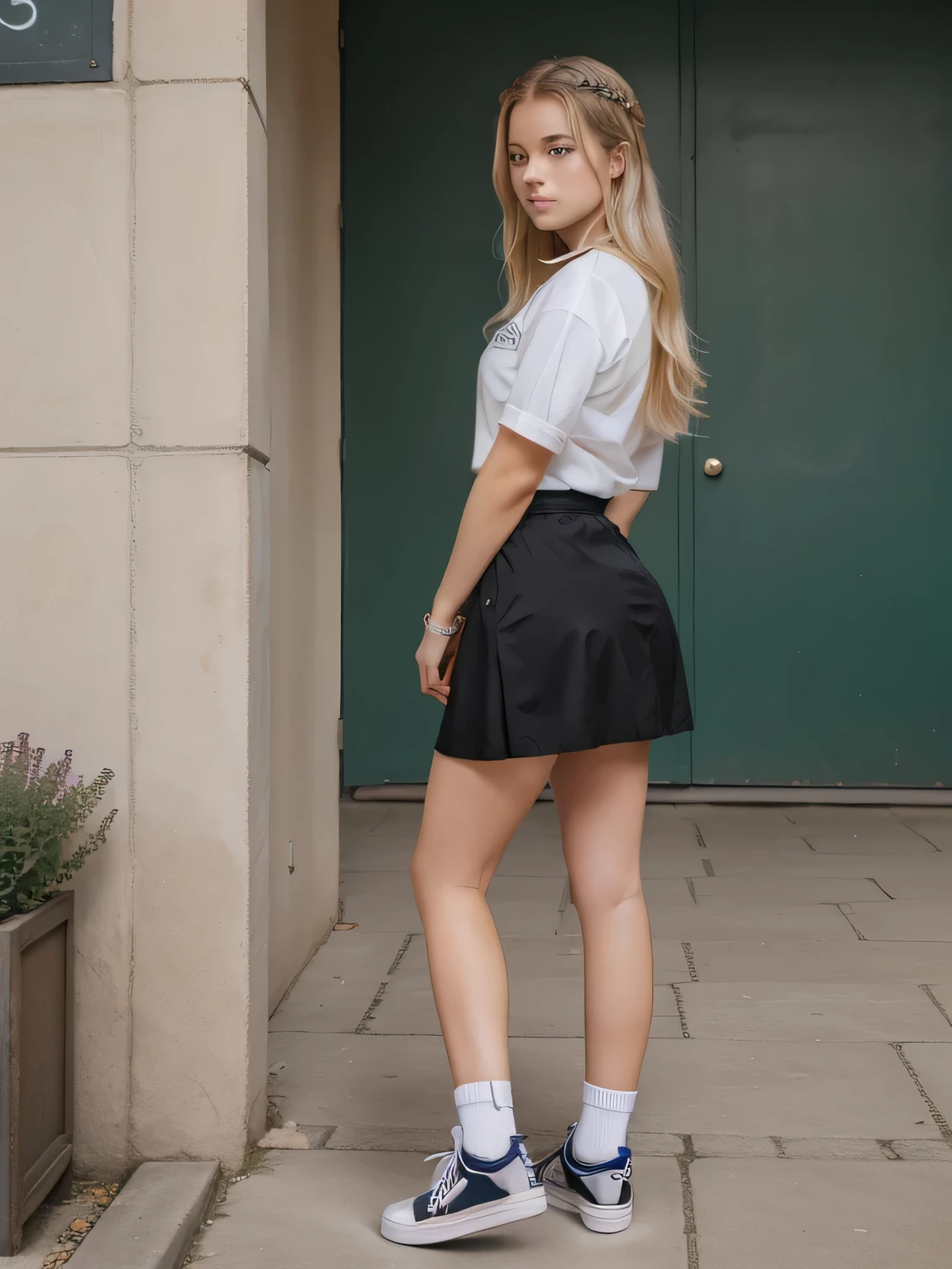 1Girl , Lange Haare, Klein , blonde Haare, Augen, Schmuck, full whole body, Braun gebrannt, realistisch, High Quality, school skirt, sneaker, juicy ass