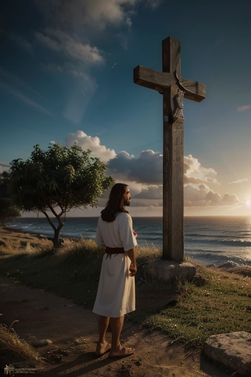 arte cartoon de jesus intermediando o caminho com Deus, lots of lighting,blur of cross and paradise in the background