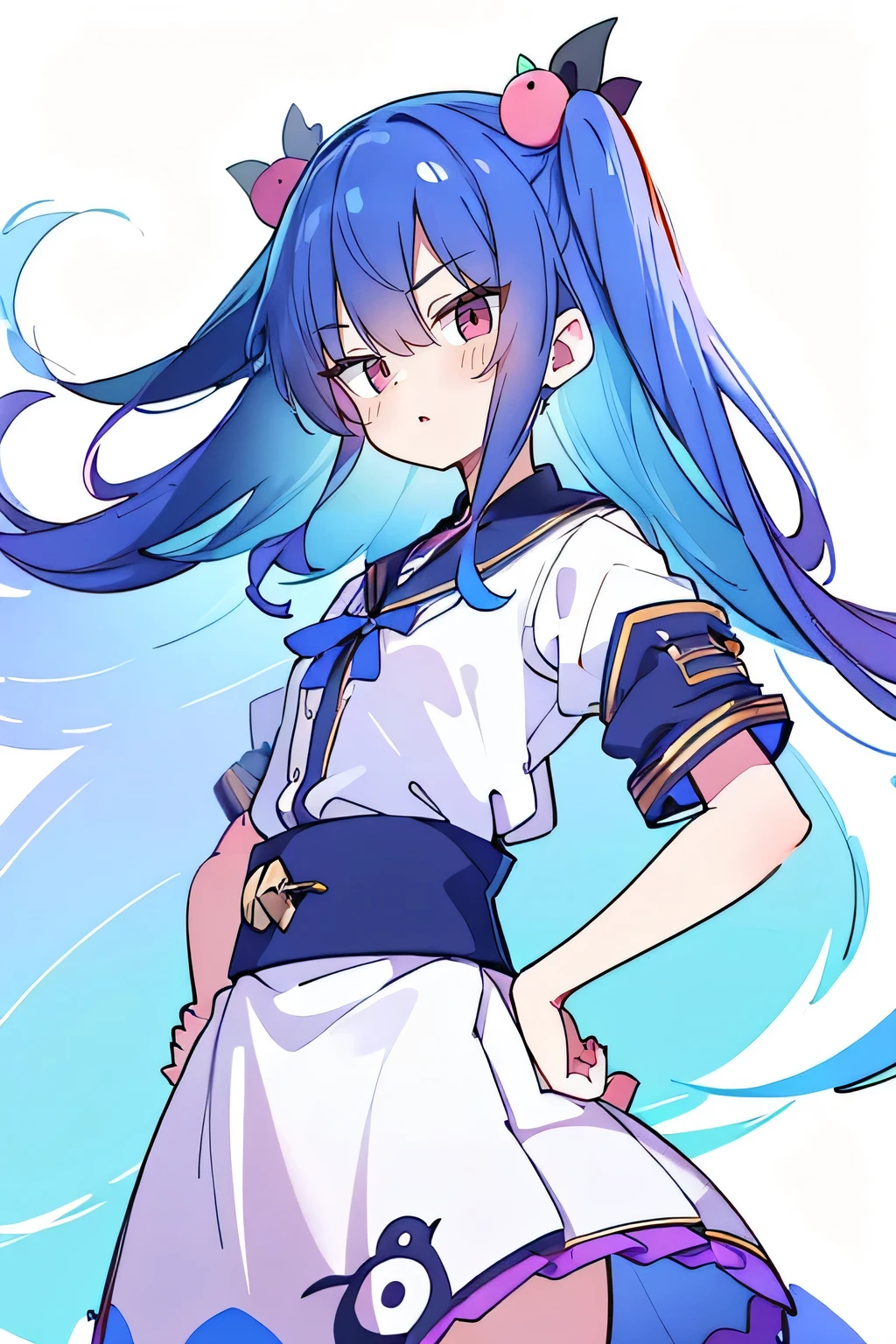(masterpiece),best quality, expressive eyes, perfect face, 1girl,
Put your hands on your waist,Fair, Gorgeous,japanese manga,girl,Laura,young angel, blue hair, blue haired, floating clothes,grab your waist, grab your waist, hands on hips , hands on hips,flat chest
