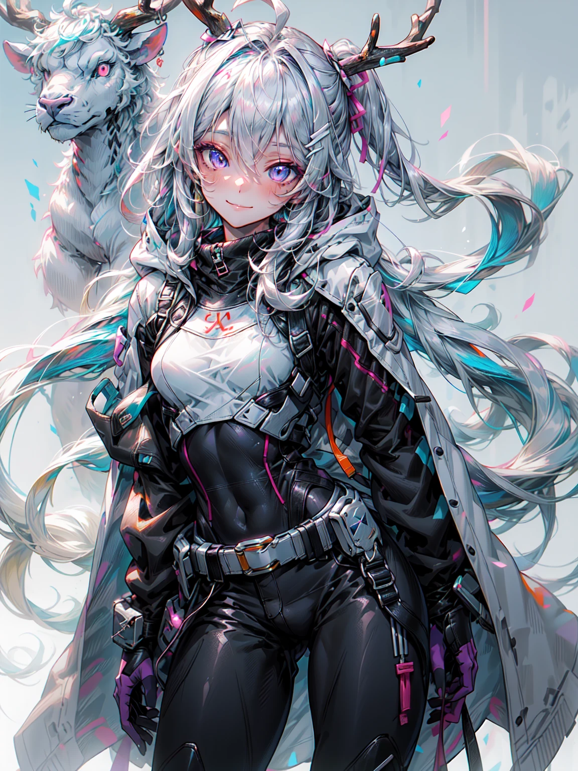 deer ears, branch angle, mechanic, mechanic body, bull,, ultra be familiar with, masterpiece, highest quality, beautiful, be familiar with,, alone, smile, 1 girl, aqua eye, black hair, low ponytail, Ahoge, 異常にlong hair, とてもlong hair, hair flap, hair between eyes, bangs, messy hair, small breasts, goggles on head, closed mouth,, hooded coat, open coat, turtleneck, pants, Black knee boots, multiple straps, white coat, Layering, hair ribbon, pants under skirt, break、（dark elf), (1 girl), alone, perfect face, get used to it, Ahoge, ((long hair:1.2)), (hair above one eye:1.3), [[messy hair]], shiny blonde white hair, purple eyes, multicolored eyes, colorful hair, shining eyes, (eyelash, eye shadow, pink eye shadow), bright, smile, design art by Mikimoto Haruhiko, by Kawashi, By Yoshitaka Amano