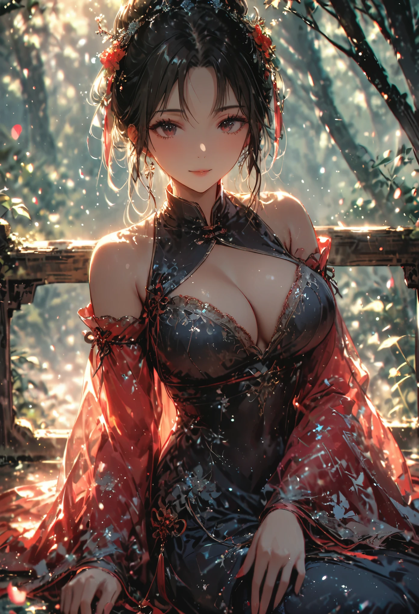 (best quality,4k,8k,highres,masterpiece:1.2),ultra-detailed,beautiful girl,big breasts,mature,tall body, close shot,seductive body,Chinese style dress, lazily lying on a flat rock full of flower, flying petals, seductive pose,colorful,magical forest,light particles sparkling,night,atmospheric,enchanted,ethereal lighting,pure beauty,dreamy,serene,tranquil,mystical,alluring,mysterious,feminine,charming presence,dark hair,gentle smile,graceful posture,peaceful aura,radiant,beauty in nature