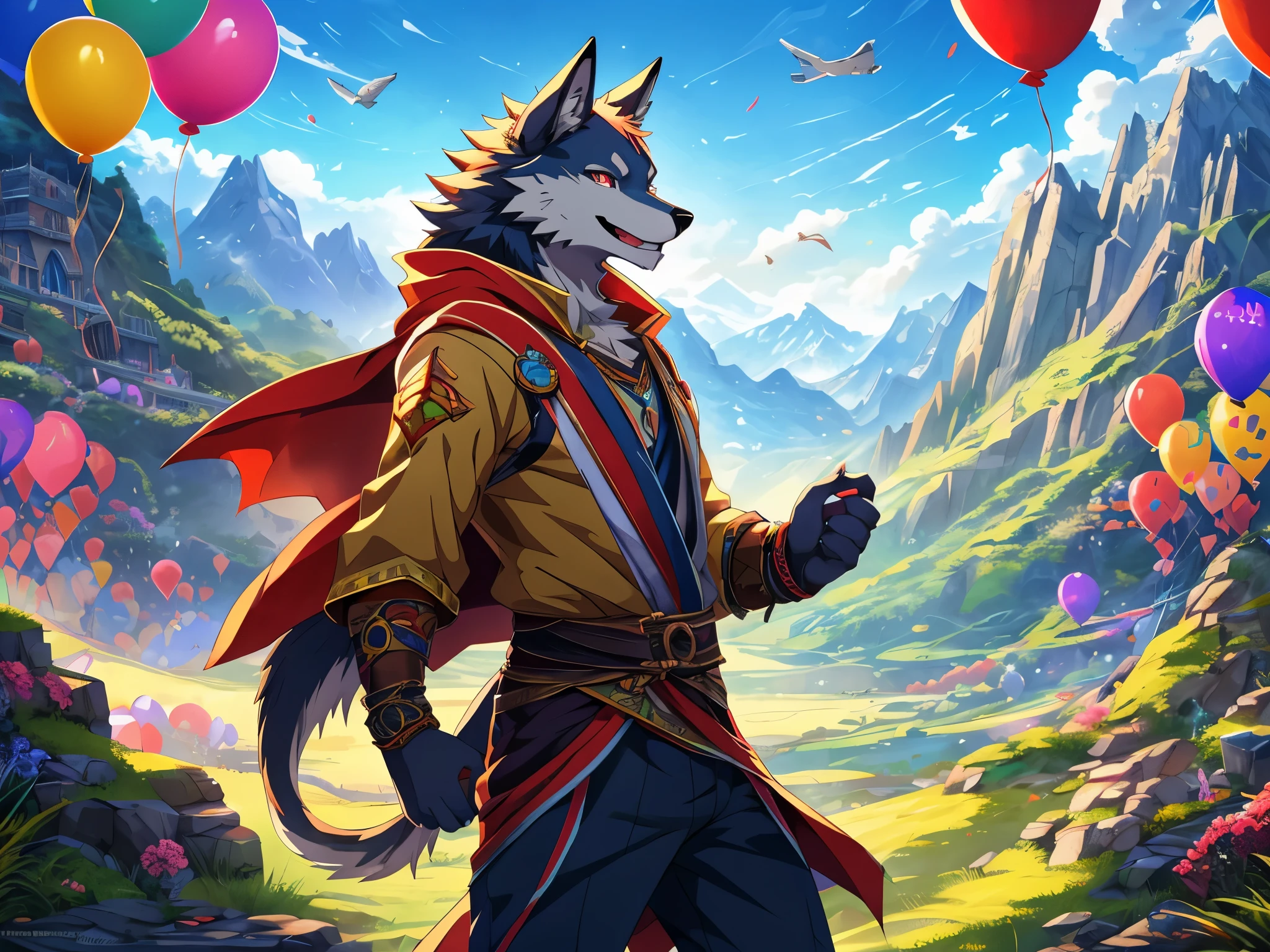 furry, male, anthro, (Wolf Tail), Solo, (Realistic eye details:1.2), (beautiful detailed eyes), anime character there is a Wolf man, Mountain View background, in the mountains, brightly colored balloons and balloons are flying in the air, overgrown with shiny blobs, vibrant fan art, detailed fanart, fan art, colorful concept art, [ conceptual art ]!!, colorfull digital fantasy art, epic full color illustration, game art!!, happy!!!, wallpaper!, a beautiful artwork illustration, badass composition, very detailed digital painting, colorful digital painting, full body like, slim body, good looking, anime style, 8k, 4k anime wallpaper, anime art wallpaper 8 k, 2 d art, 2d art, anime art wallpaper 4k, detail art, excited face, enjoying, festival balloons, best festival 