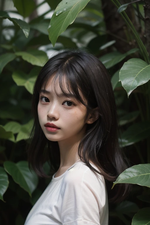 A girl posing outdoors in lush jungle, in the style of soft, hazy brushstrokes, chinapunk, colorful portraits, dark brown and silver, wavy, asian-inspired, soft edges