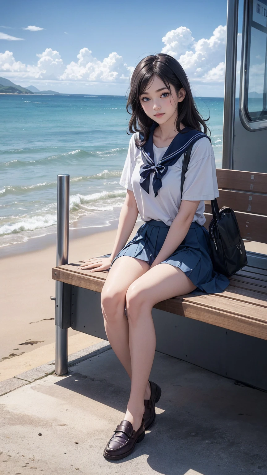((最high quality, 8K, masterpiece: 1.3, Ultra HD, high quality, 最high quality, High resolution, realism)) 、An extremely beautiful 18-year-old Japanese woman、hair color is black、black eye、medium hair、straight hair、smile、Slender but well-proportioned muscular body、Athlete-like body type、I don't want my head to disappear from the screen.、Walk on a high seawall at the beach、I put my hand on my forehead and look at the sea、The blue sky is beautiful、There is an entrance cloud、It's summer、sailor suit((summer clothes))wear、Wear a navy blue pleated skirt、wear loafers、There is a bus stop that looks like a hut on the coastline road where you can see the ocean.、Sit on a bench at the bus stop、The sea breeze feels good